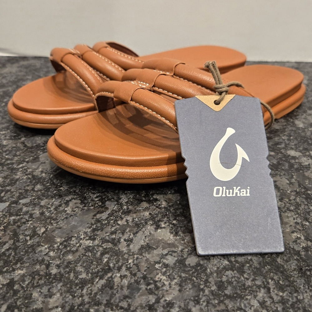 OluKai Sandals Women's Leather Slides Padded Straps Casual Comfort Tan Shoes US9 - Picture 6 of 7